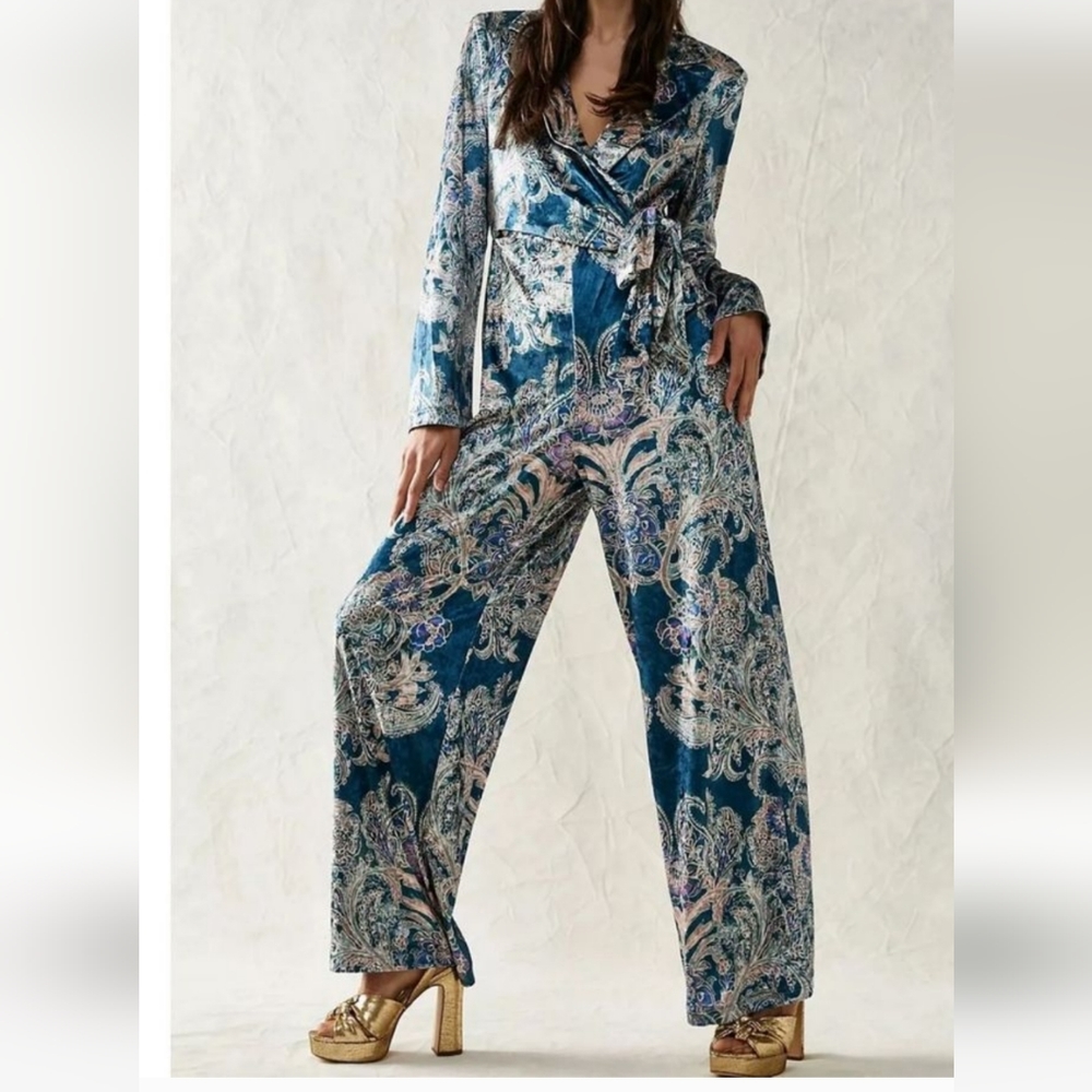 Free People Delphine Velvet Paisley Print Jumpsuit